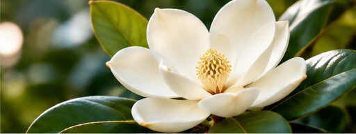 A white magnolia flower among glossy leaves.