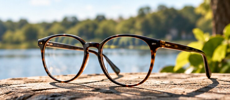 Eyeglasses on a sunlit stone surface beside water.