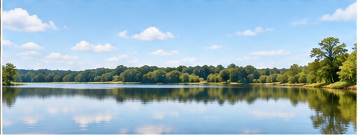 A calm lake reflecting the sky and tree line.